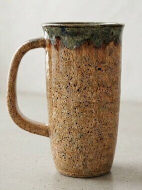 Signed Studio Pottery Tall Mug Caramel Speckled Drip Glaze Handmade 5.75 Inch HT